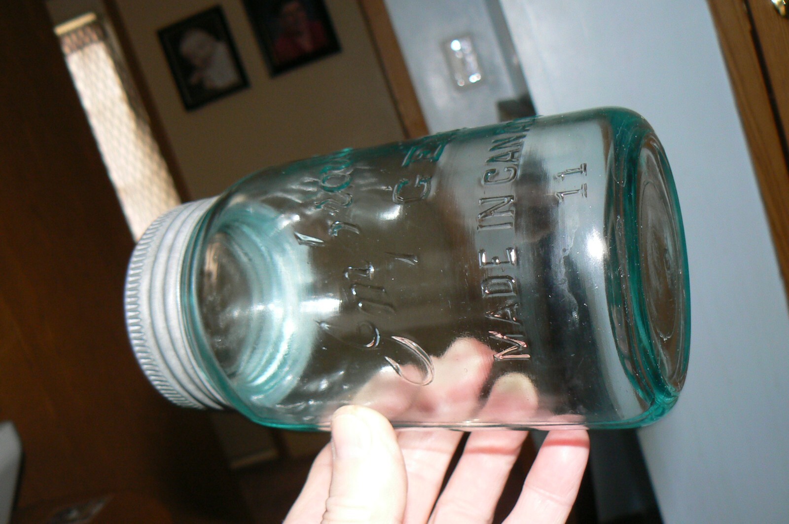 RARE 1920s Qt. Improved Gem Blue glass canning jar made by ( SDH ) from Canada,