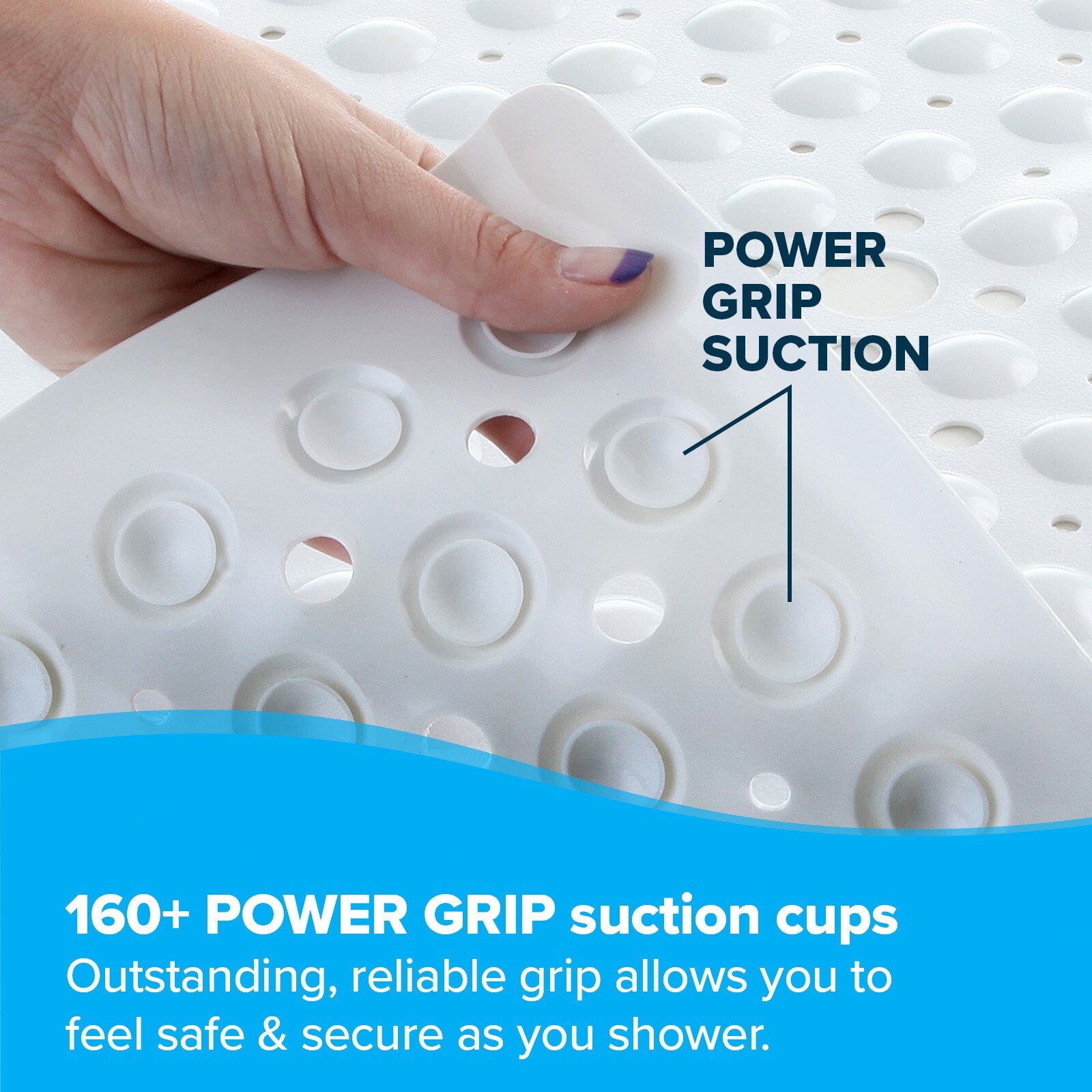 Large Non-Slip Shower Mat with Drain Holes: White Square Shower Mat