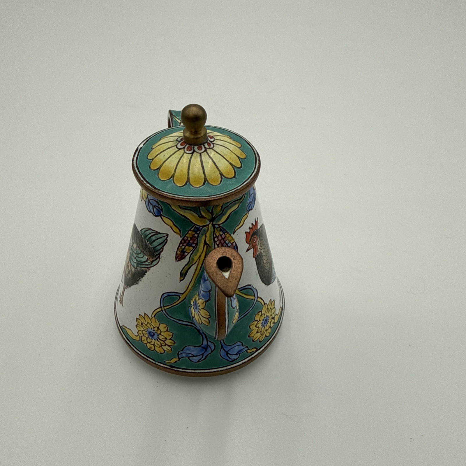 KELVIN CHEN Miniature Teapot 2000 Enameled Copper Rooster Chicken Florals #1852