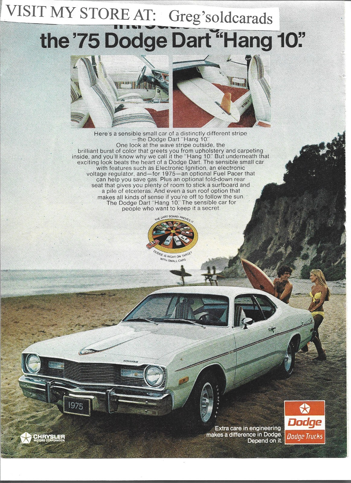 Original 1975 Dodge Dart vintage print ad: "Introducing the '75 Dart Hang Ten"