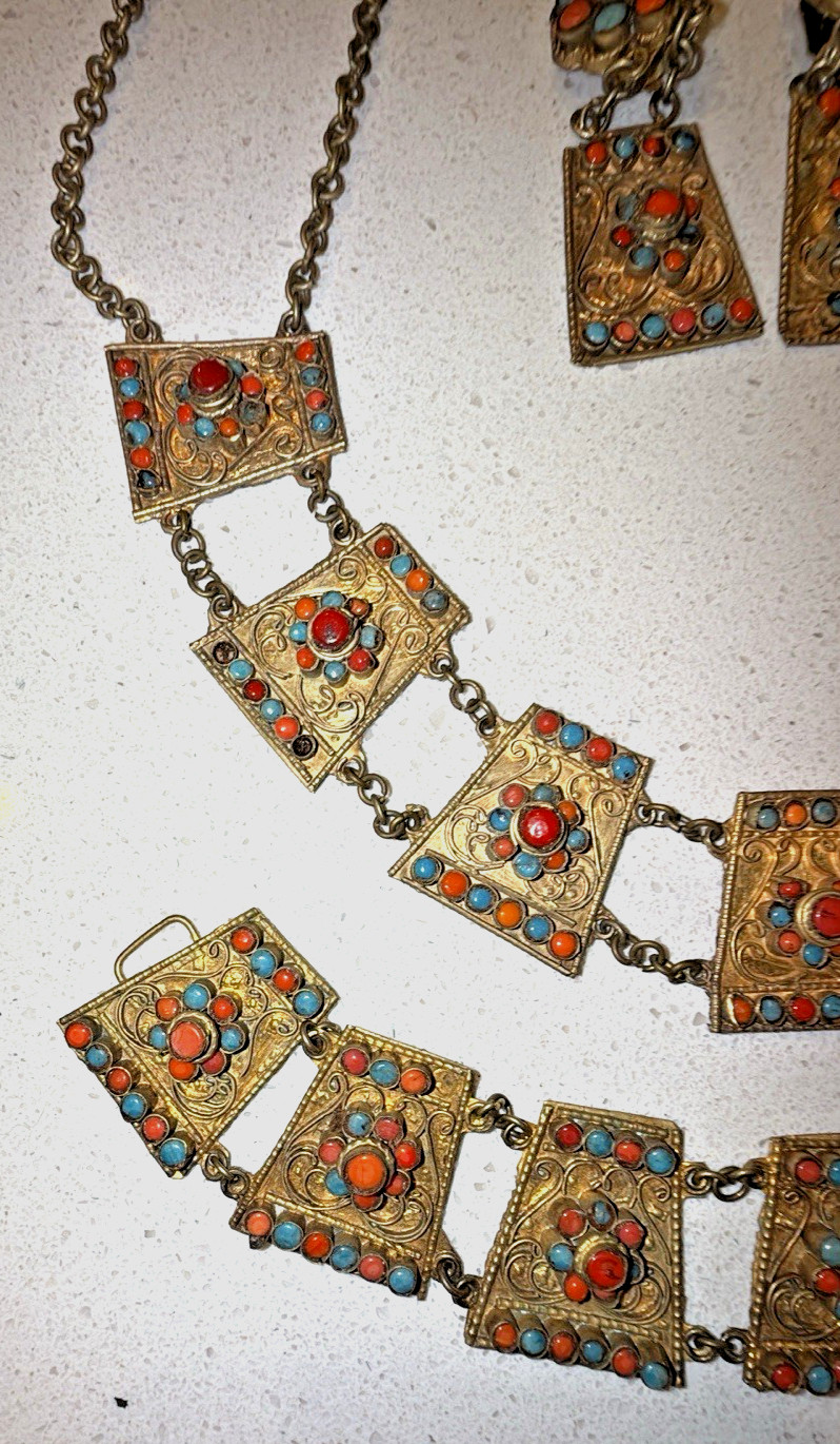 Coral & Turquoise Nepal Brass Tibetan Jewelry 3 piece Set ANTIQUE
