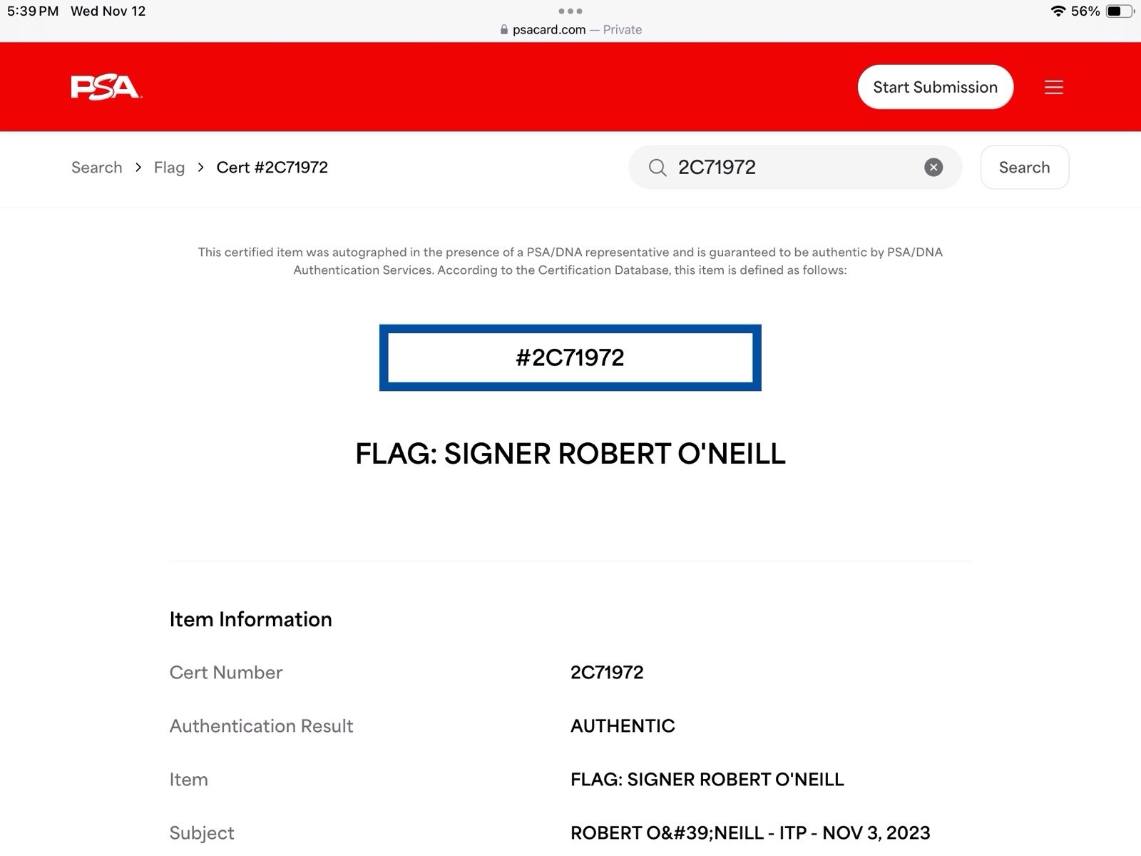 Rob O'Neill Never Quit Gold 31.5"x15" NAVY SEALs Flag PSA Certification 2C71972