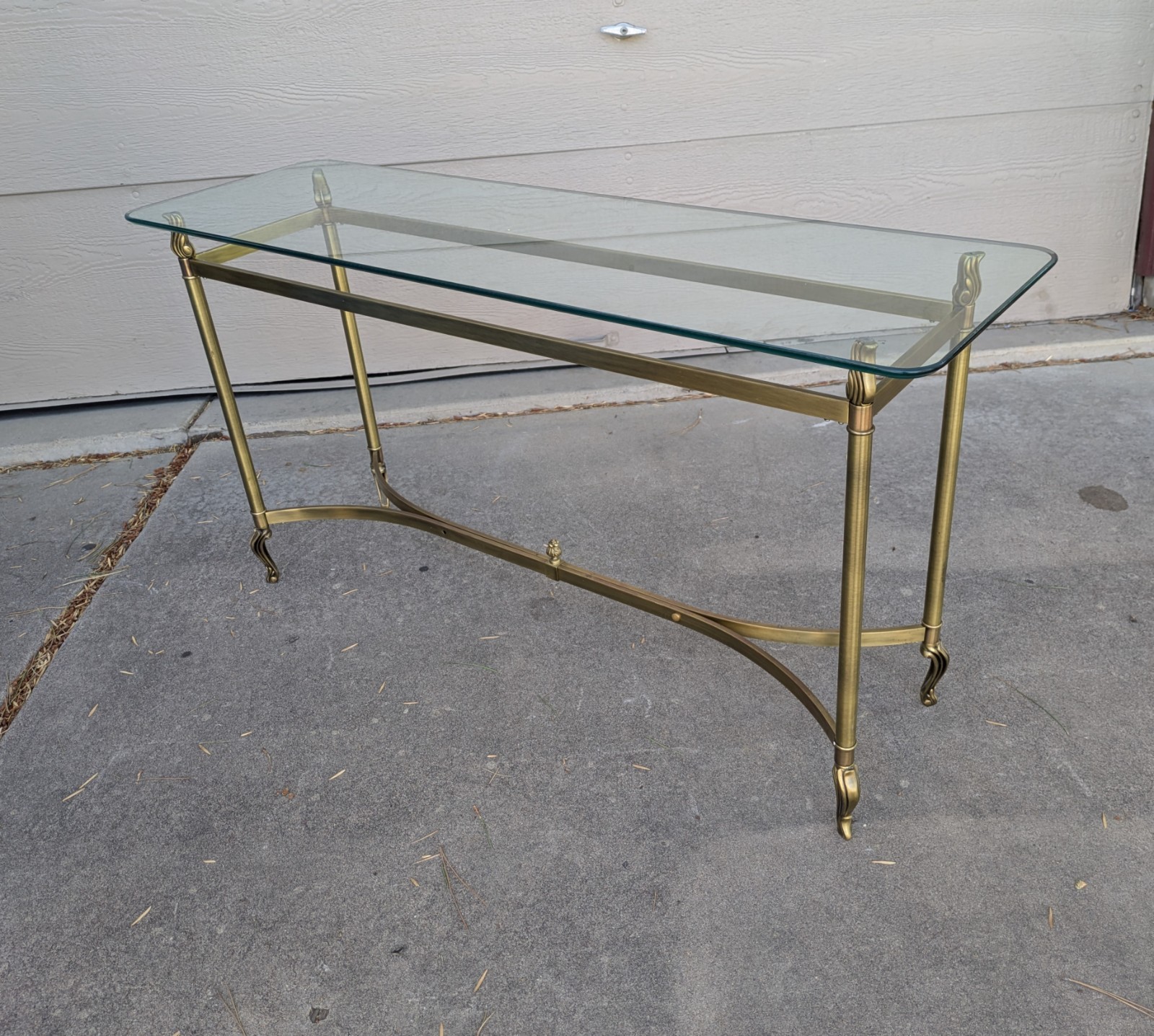 Vintage La Barge Style Glass Brass Console Table Flame Tip Hollywood Regency