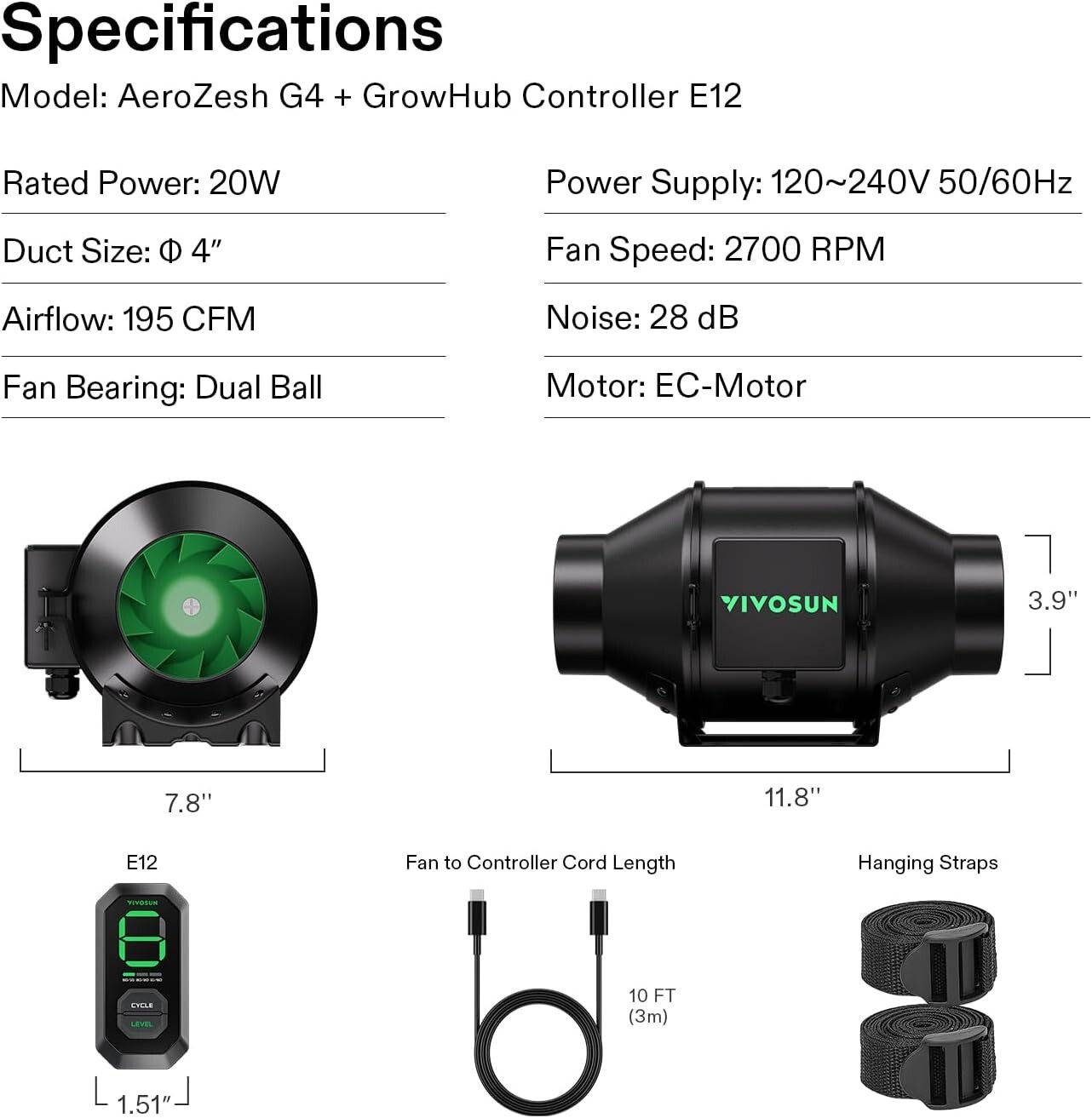 VIVOSUN AeroZesh G4 4” 195 CFM Inline Duct Exhaust Fan with E12 Speed Controller