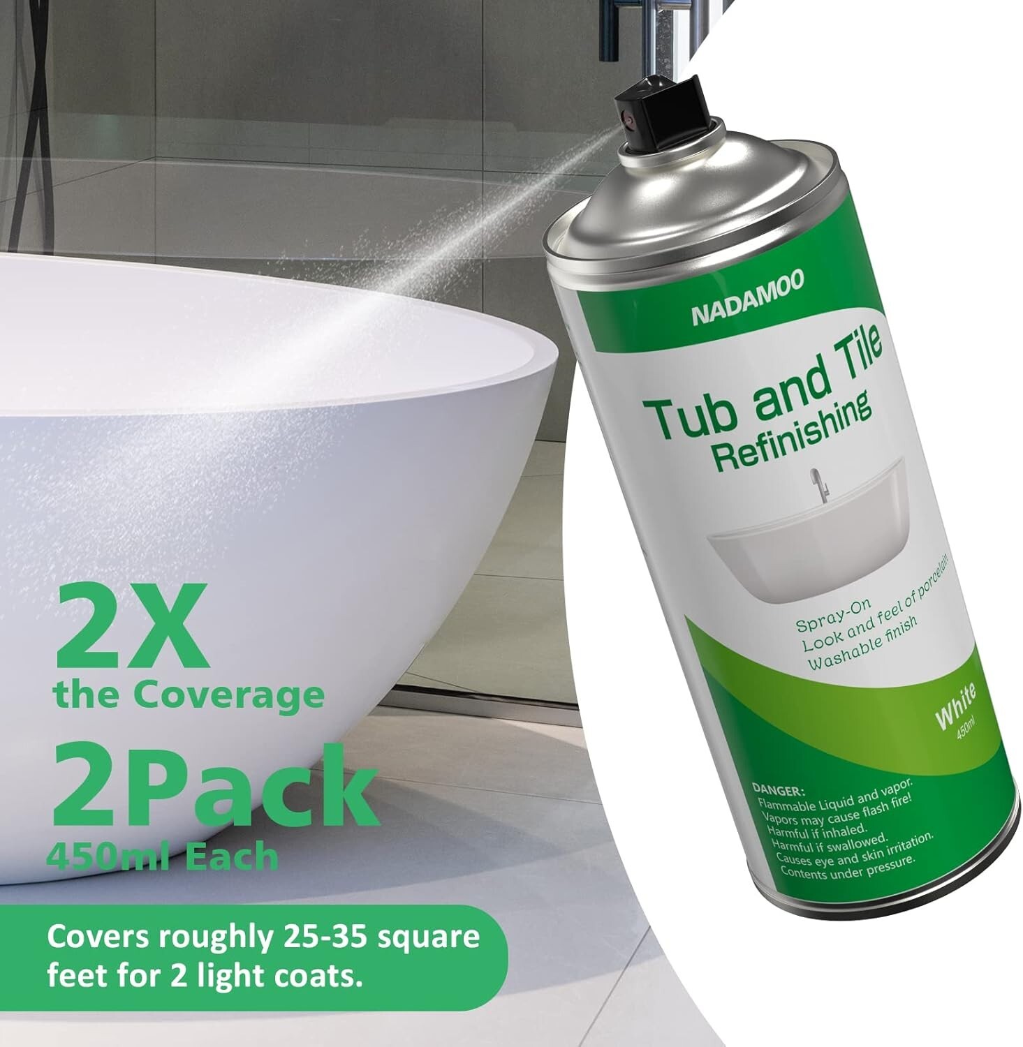 White Bathtub And Tile Refinishing Spray Paint Kit, 450Ml (2 Pack), Semi Gloss