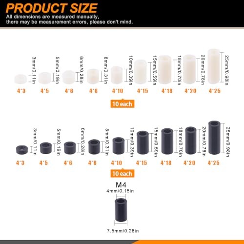 180Pcs 9 Sizes M4 Nylon Round Spacer Standoff Assortment Kit M4 - Black + White