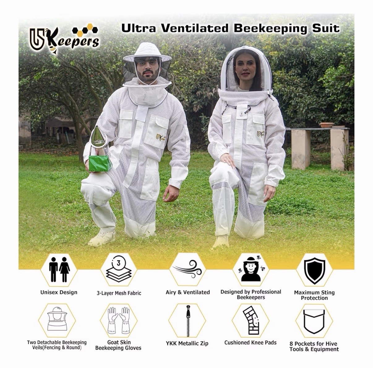 USKeepers 3 Layer Bee Suit Apiarist Ultra Ventilated Beekeeping Suit Size 4XL