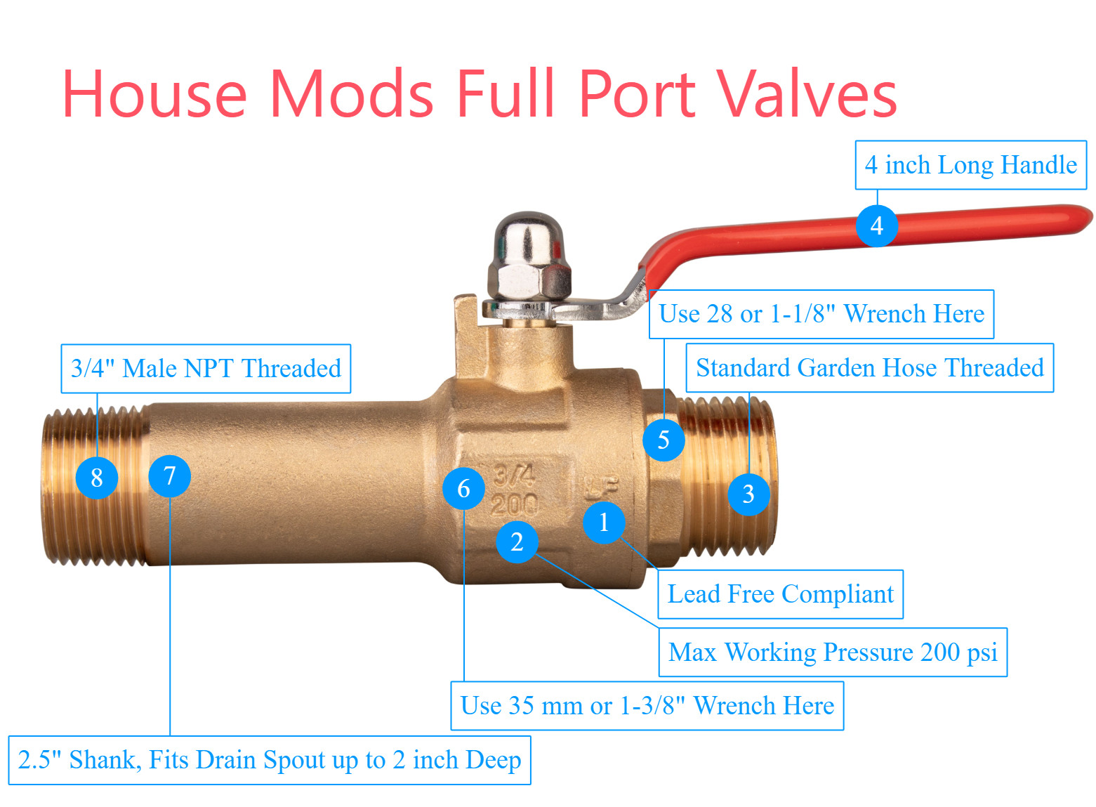 House Mods HMP012 Full Port Water Heater Straight Drain Flush Valve/LF Brass