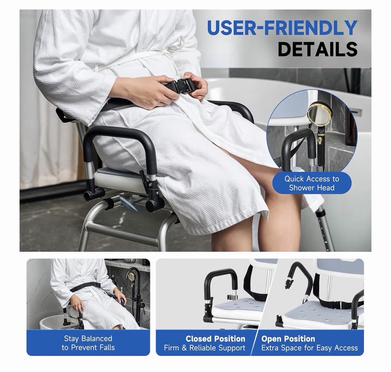 CO-ZSliding Shower Chair with 360° Swivel Seat 12Level Tub Transfer Bench with