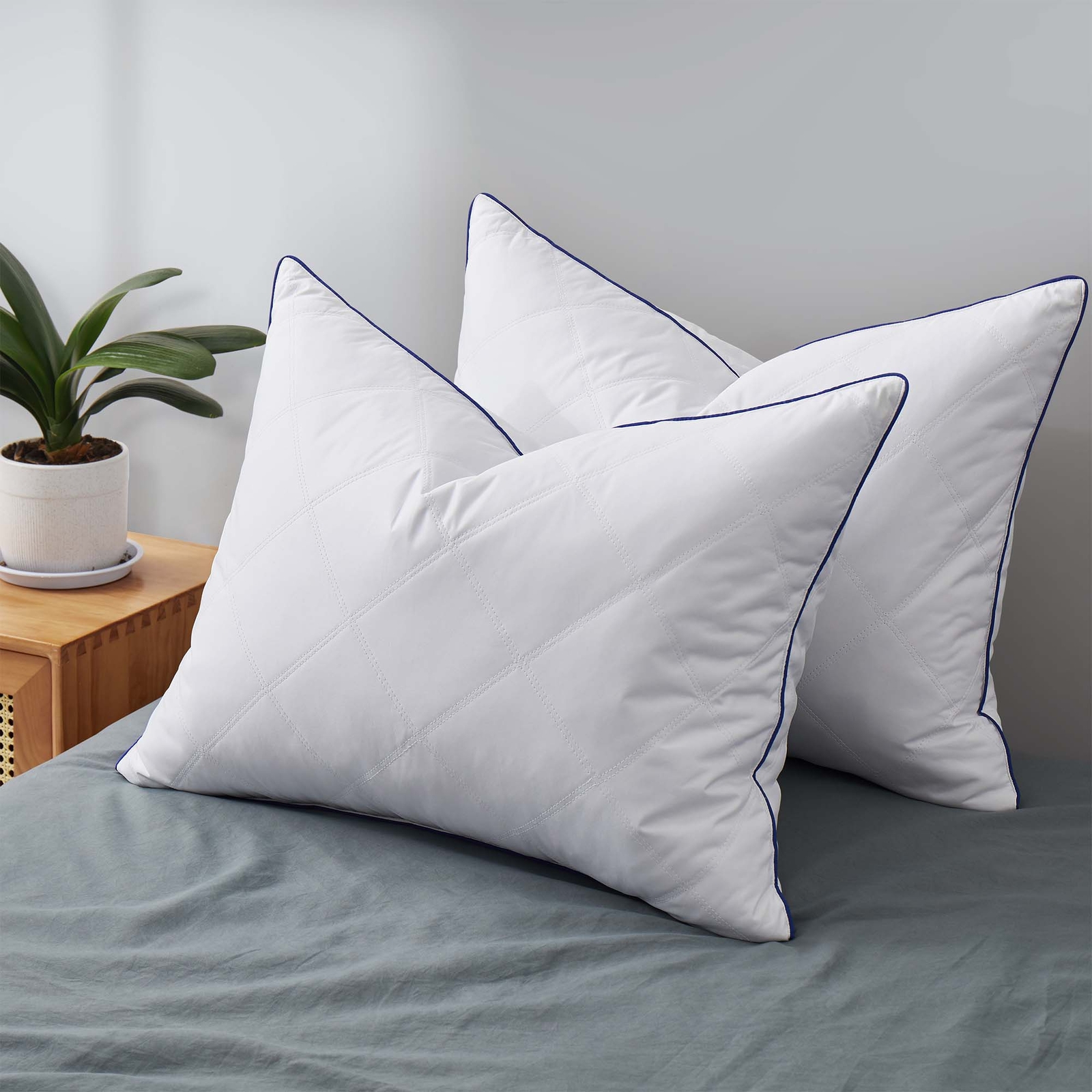 2 Pack HOTEL Goose Feather Soft Bed Pillows King or Queen, 300TC Brushed Cover