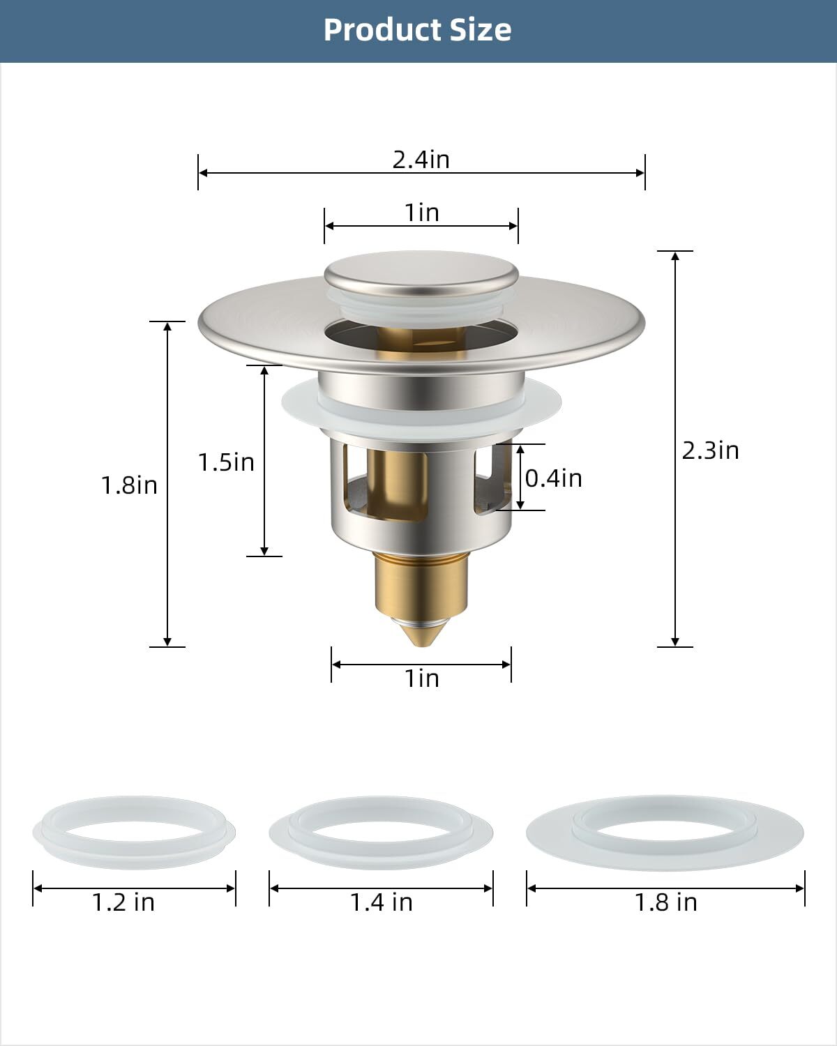 2 Pack All Metal Universal Bathroom Sink Stopper, Pop Up Sink Drain Strainer