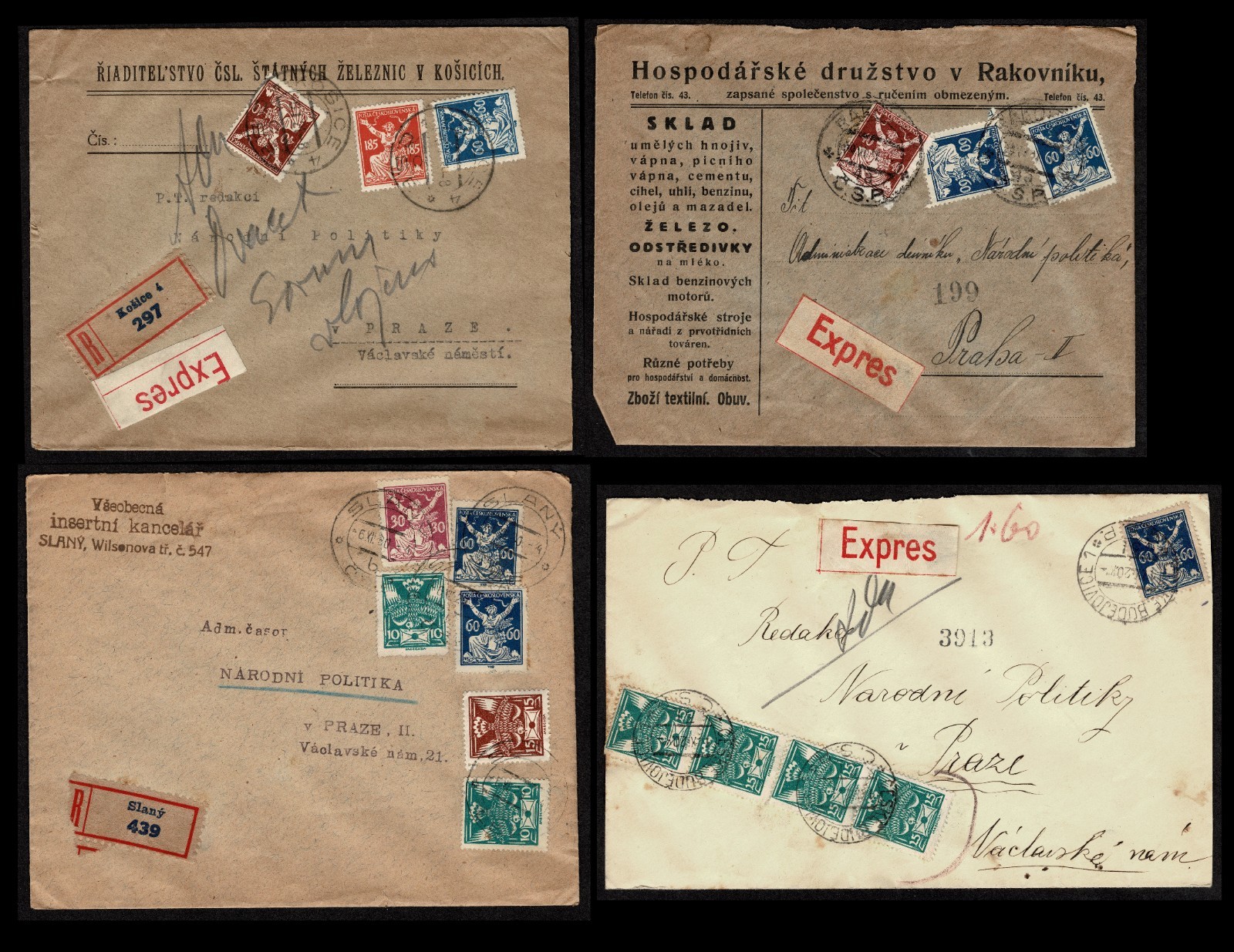 CZECHOSLOVAKIA 1922/1923 Three Registered Express and 1 Registered