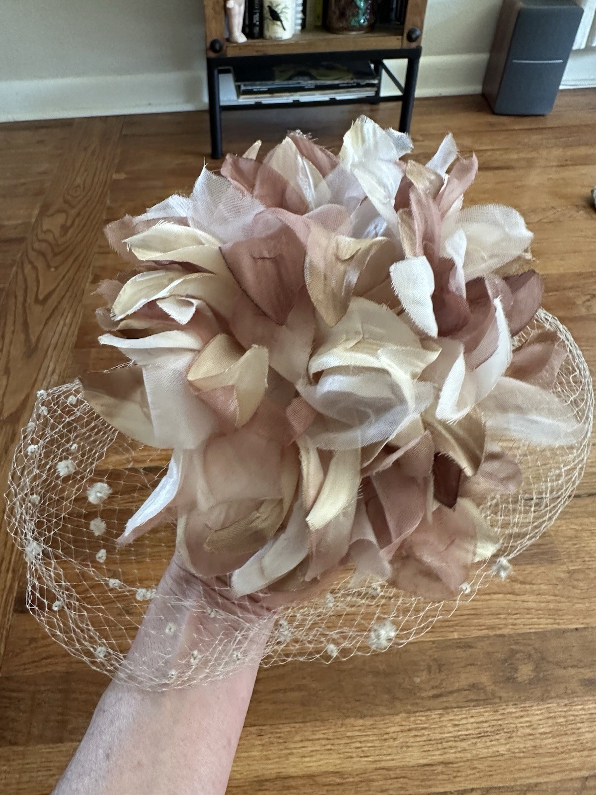 Vintage 60s floral fascinator headpiece Hat Netting Kentucky Derby Dusty Rose