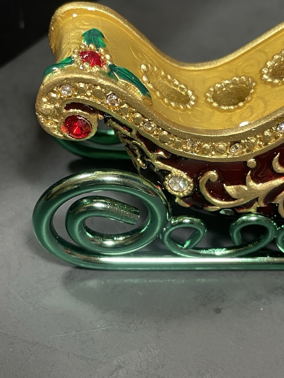 Bejeweled Bombay Christmas Sleigh w Cocktail Picks Forks Enameled In Box