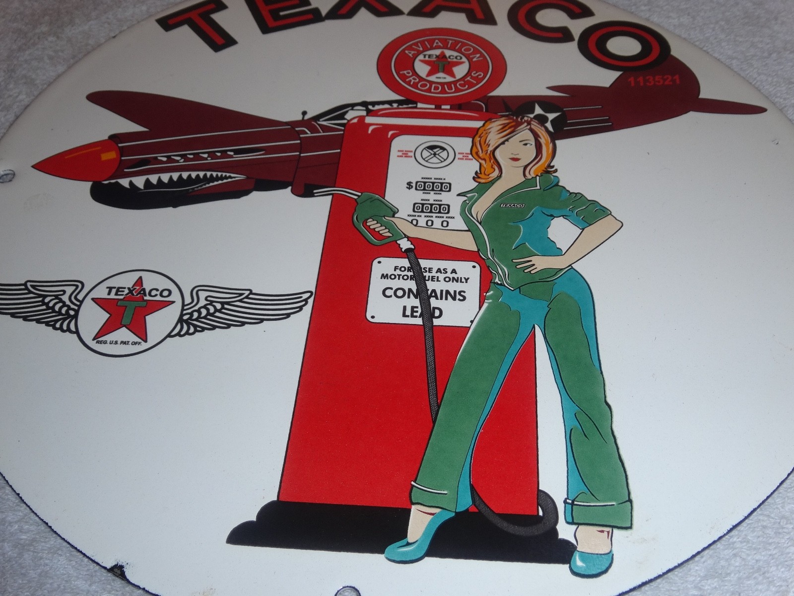 VINTAGE TEXACO AVIATION FEMALE MODEL WW2 AIRPLANE 11 3/4" PORCELAIN GAS OIL SIGN