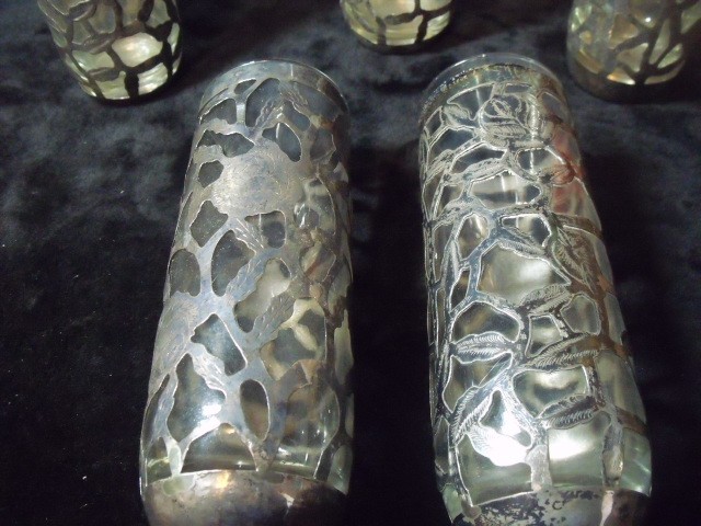5 Vtg Mexican Filigree Tumbler Glass Sterling Silver Openwork Rose Pattern 7"