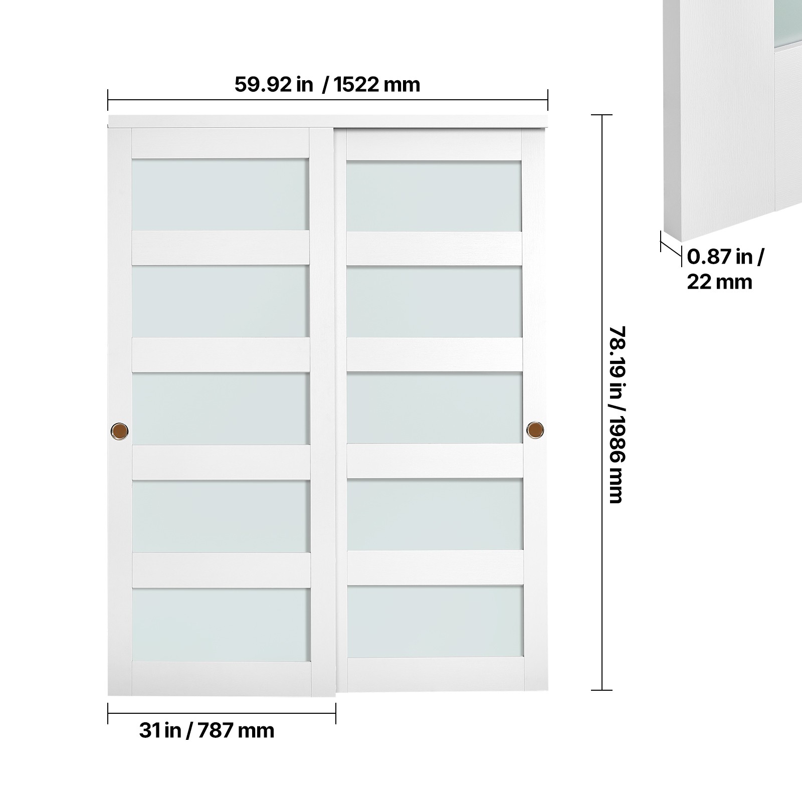 Uimoso Sliding Closet Door 60"(Double 31") x 80" Frosted Glass Bypass Design
