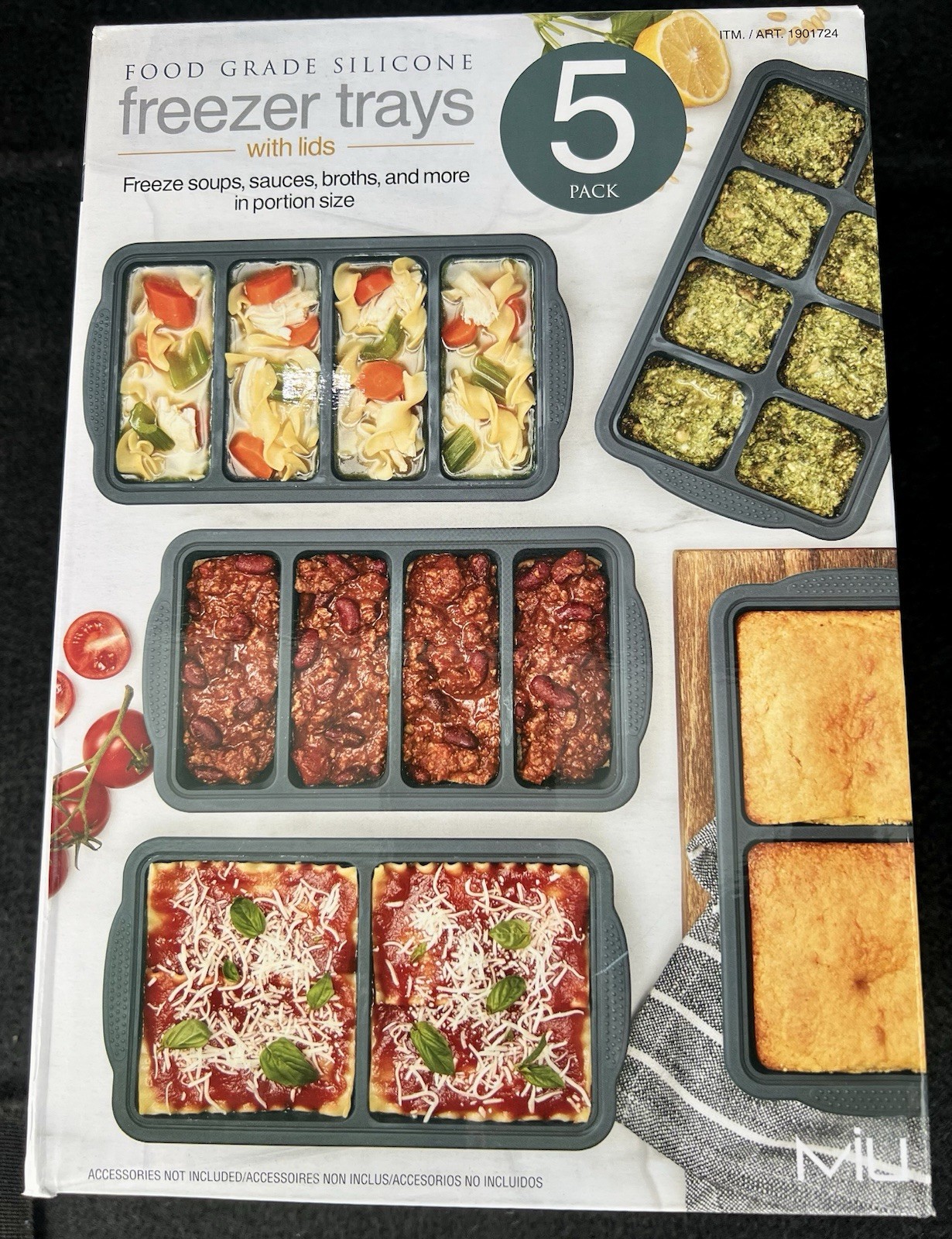 Food Grade Silicone Freezer Trays Green 5 Pack +Lids-Great For Meal Prep/Storage