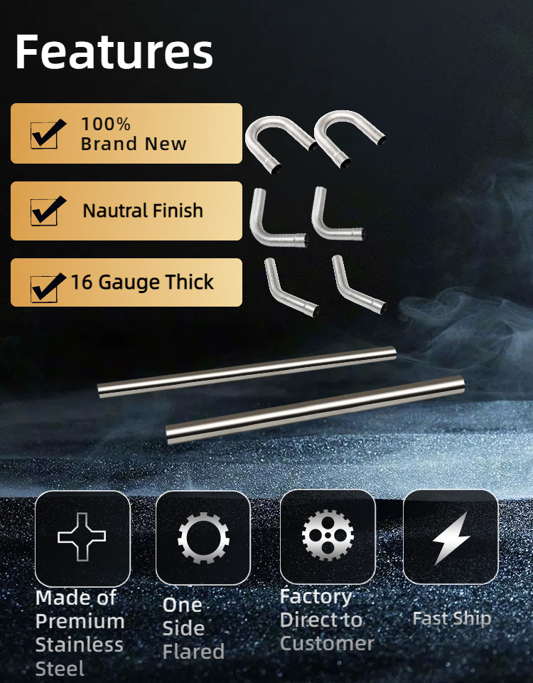 3" OD Stainless Exhaust Pipe Kit Straight Mandrel Bend DIY T304 Tubing Set 8Pcs