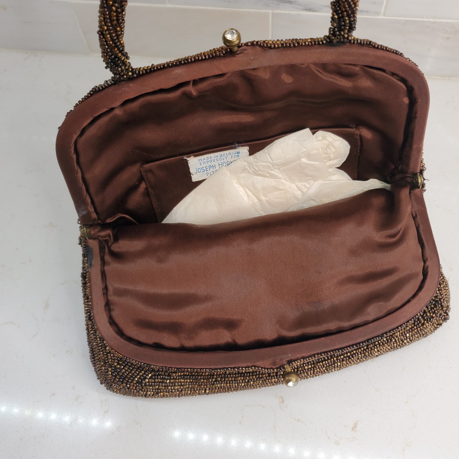 Joseph Horne Pittsburgh Belgium Brown Beaded Evening Bag Handle Twist Top Lock