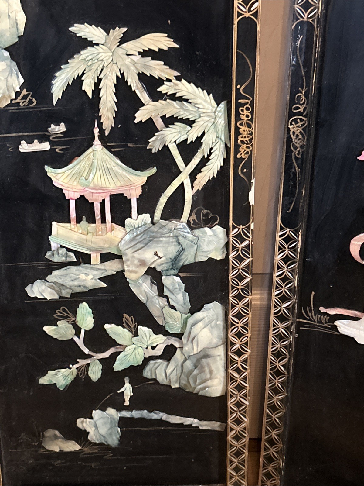 3 Vintage Laquered Asian With Mother of Pearl Panels 12”x 36” 2 Sets Available
