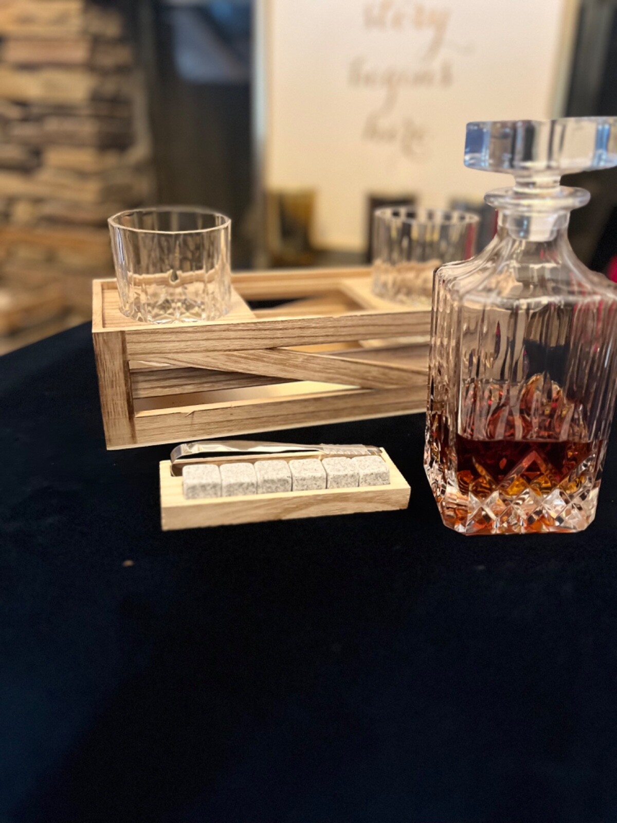 Whiskey Gift Set: Decanter, Wood Stand, Granite Chilling Stones & Two Glasses