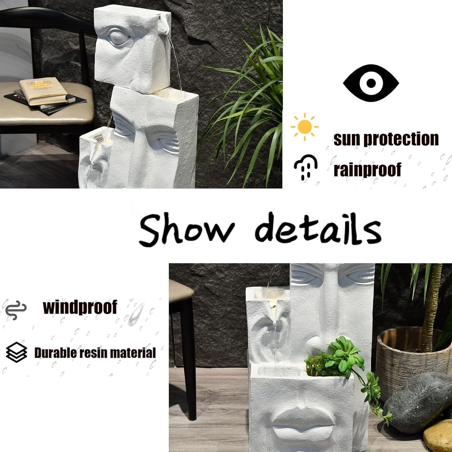 Modern 4 Tire Water Fountain Lighted Contemporary Garden Waterfall Art Sculpture