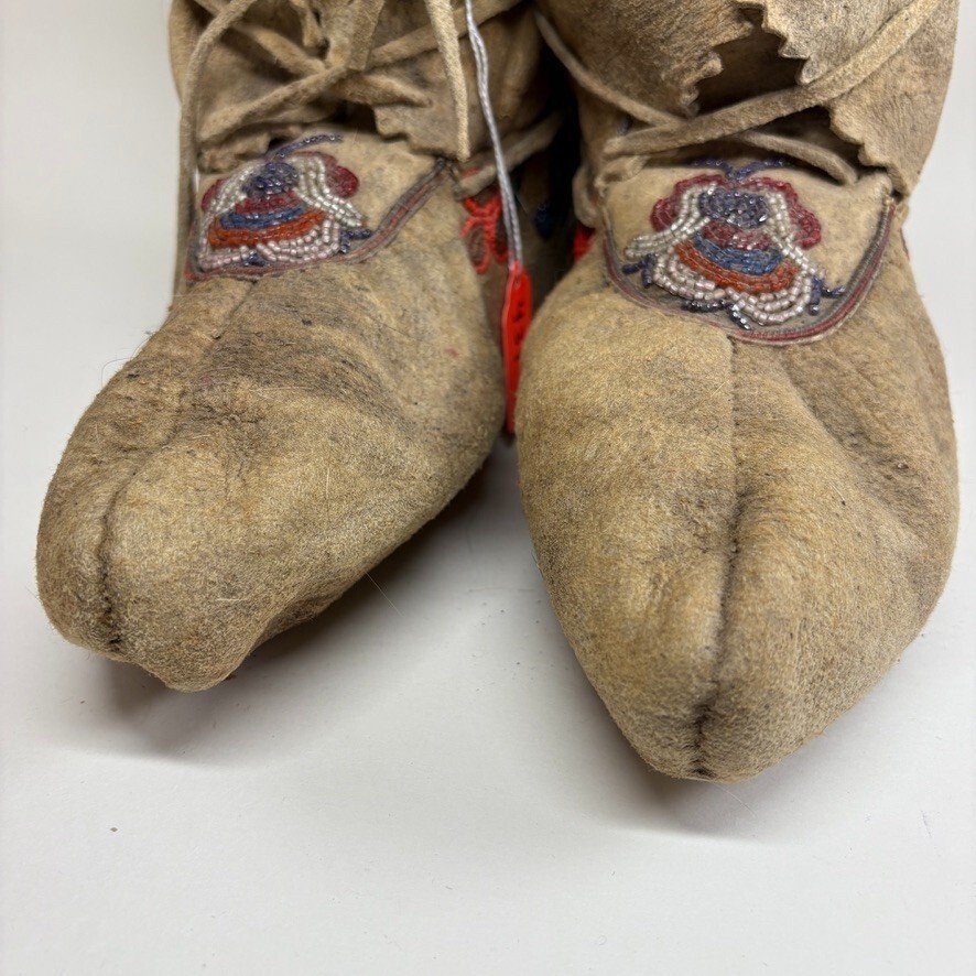 1920s Cree Native American Moccasins High-Top Beaded Pucker Toe Soft-Soled