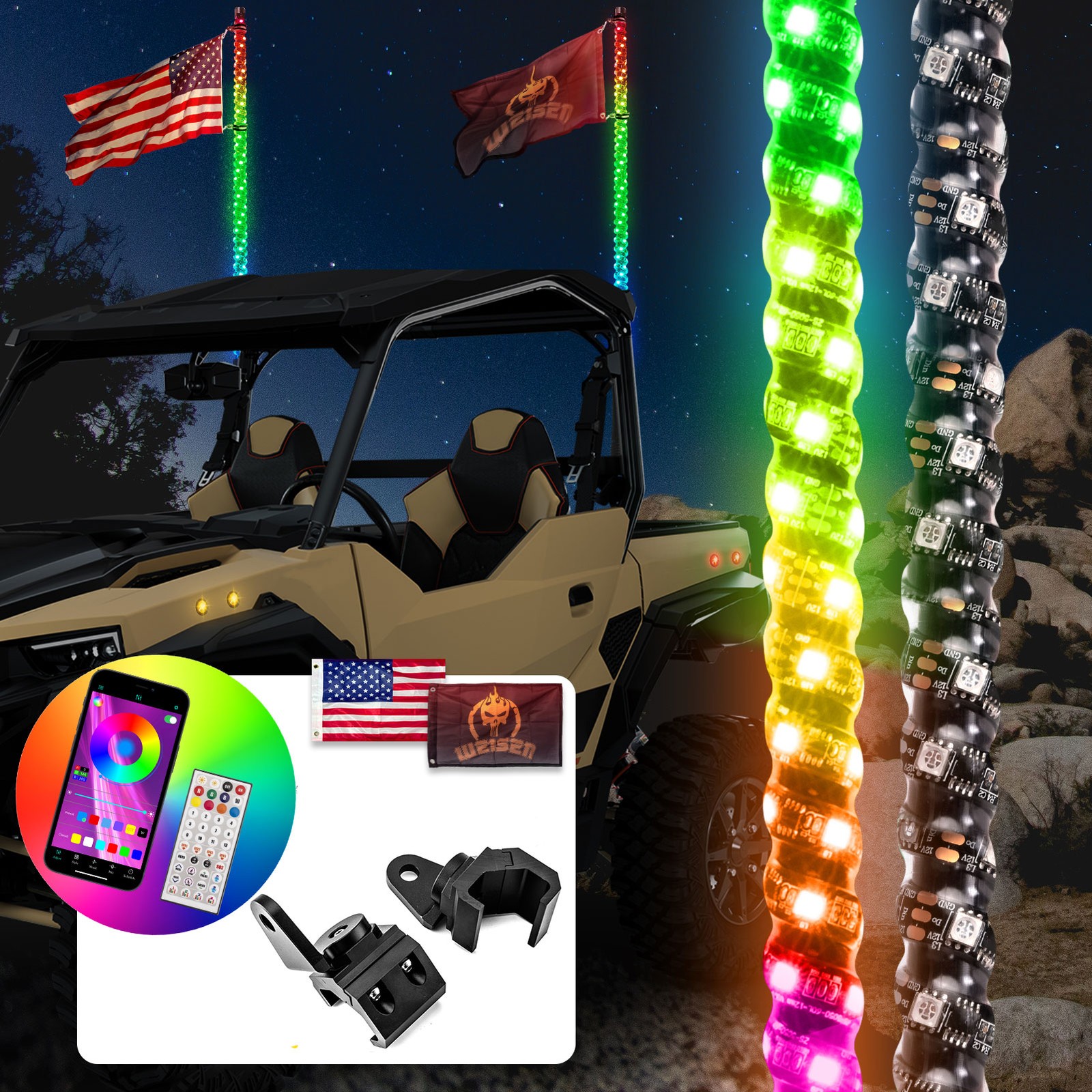 3FT Spiral RGB LED Whip Light w/Pro-fit Mount For CFMOTO UFORCE 600 1000 1000 XL