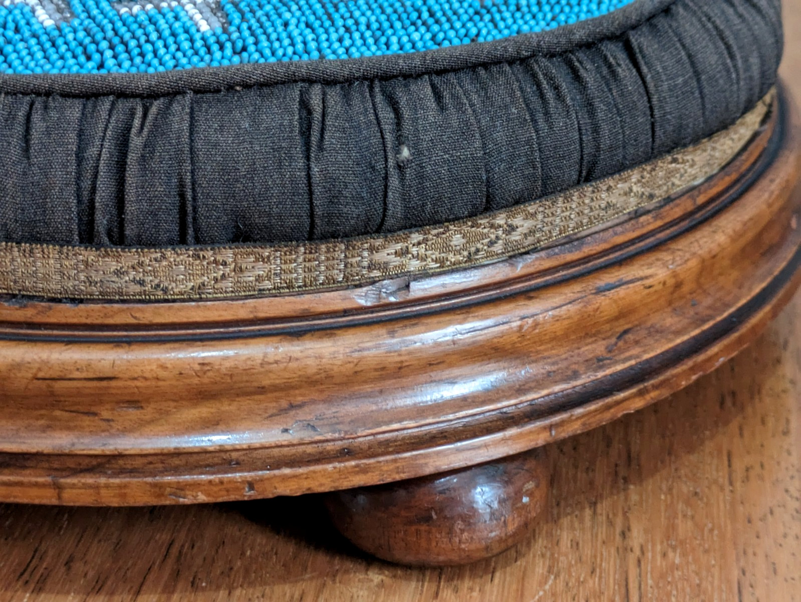 Victorian 19th Century Pair Walnut Turquoise Beadwork Bunfeet Footstools Antique