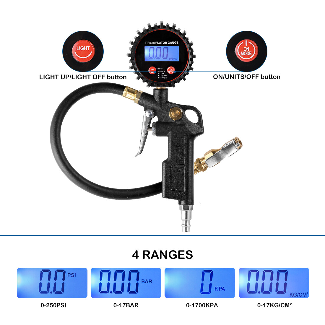 Car Truck Digital Tire Inflator w/ Pressure Gauge Air Chuck Rubber Hose 250 PSI