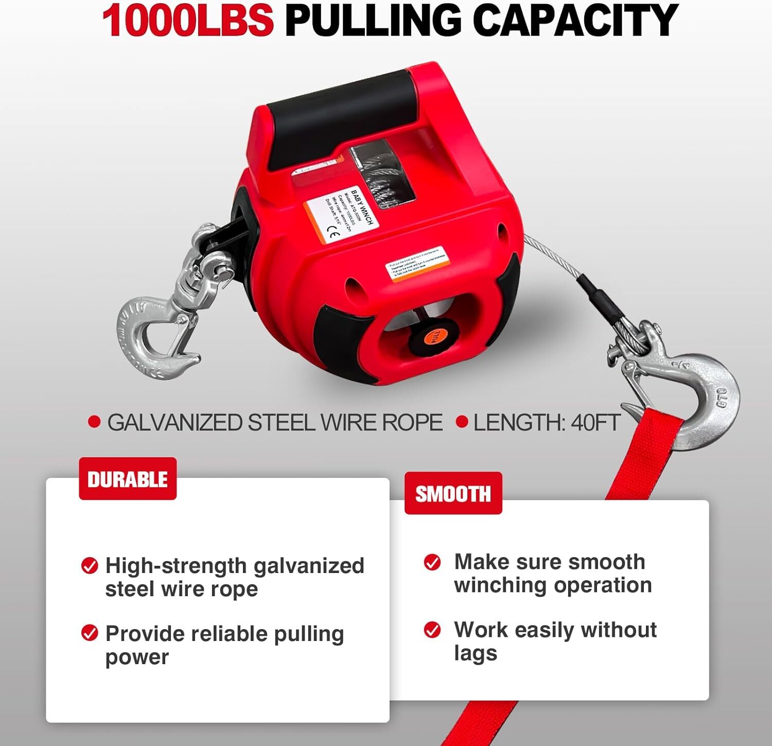 Portable Drill Winch 1000LBS,Drill Powered Winch with Alloy Steel Wire Rope 40FT