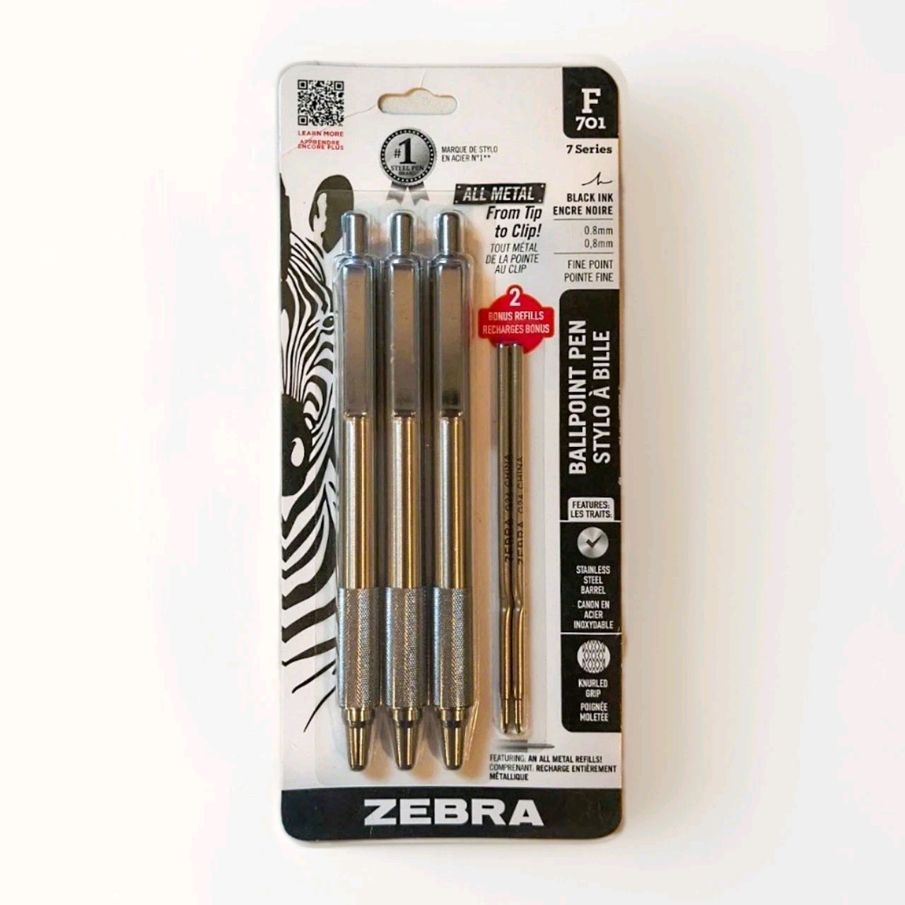 3 Pack Zebra F-701 Ballpoint Pens 2 Bonus Refills Stainless Steel Black Ink NEW