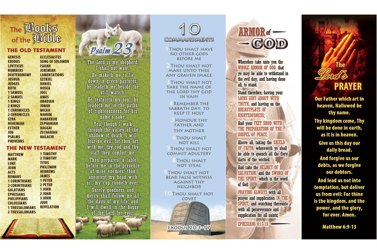 Books of Bible Bookmark Set Psalm 23 10 Comm Lords Prayer Armor of God KJV 2"x6"