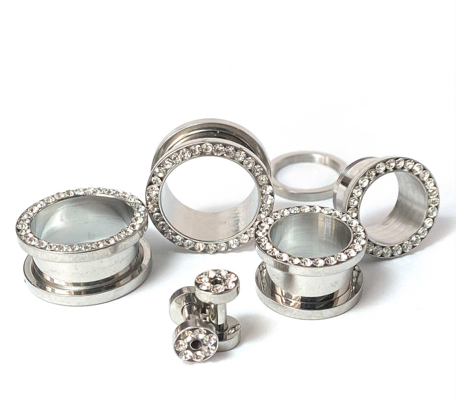 PAIR Clear CZ Gem Rimmed 316L Surgical Steel Screw Fit Tunnels Plugs Gauges