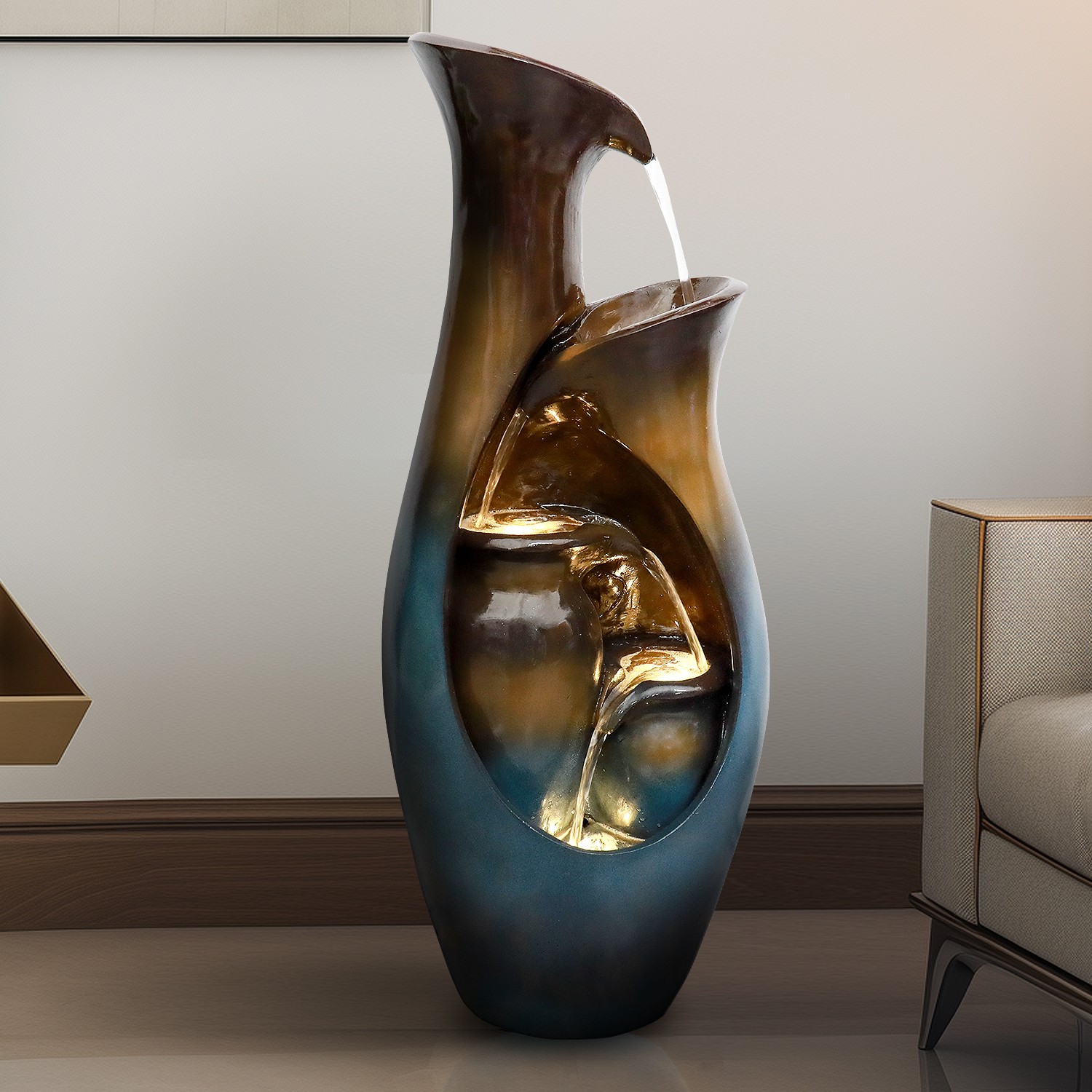 Used Faux Stone Tiered Cascading Water Fountain with LED Lights