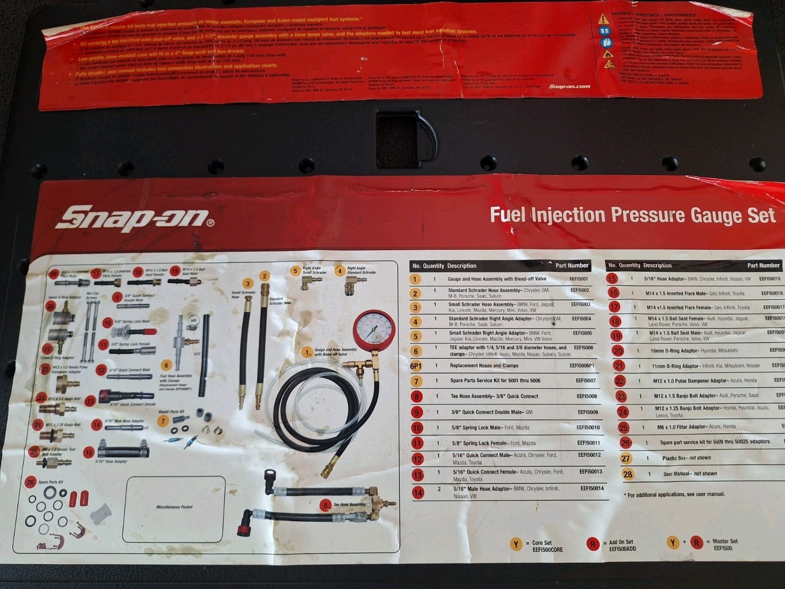Snap-On Tools Fuel Injection Pressure Gauge Tester Set Plus Extras. EEFI500CORE