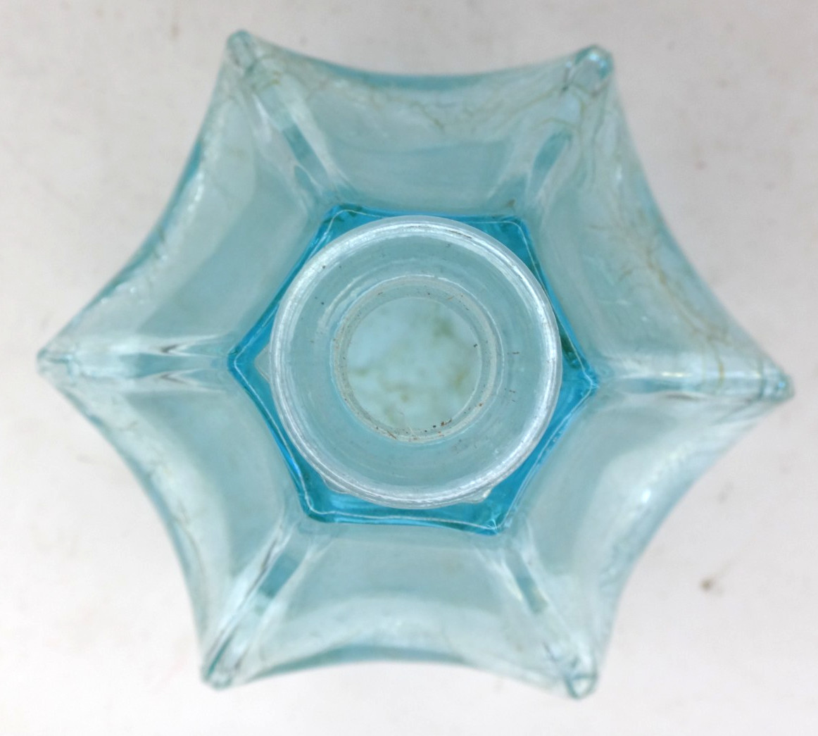 Antique Aqua Blue Green Inkwell Pressed Glass Bottle 6 Side UNUSUAL Shape