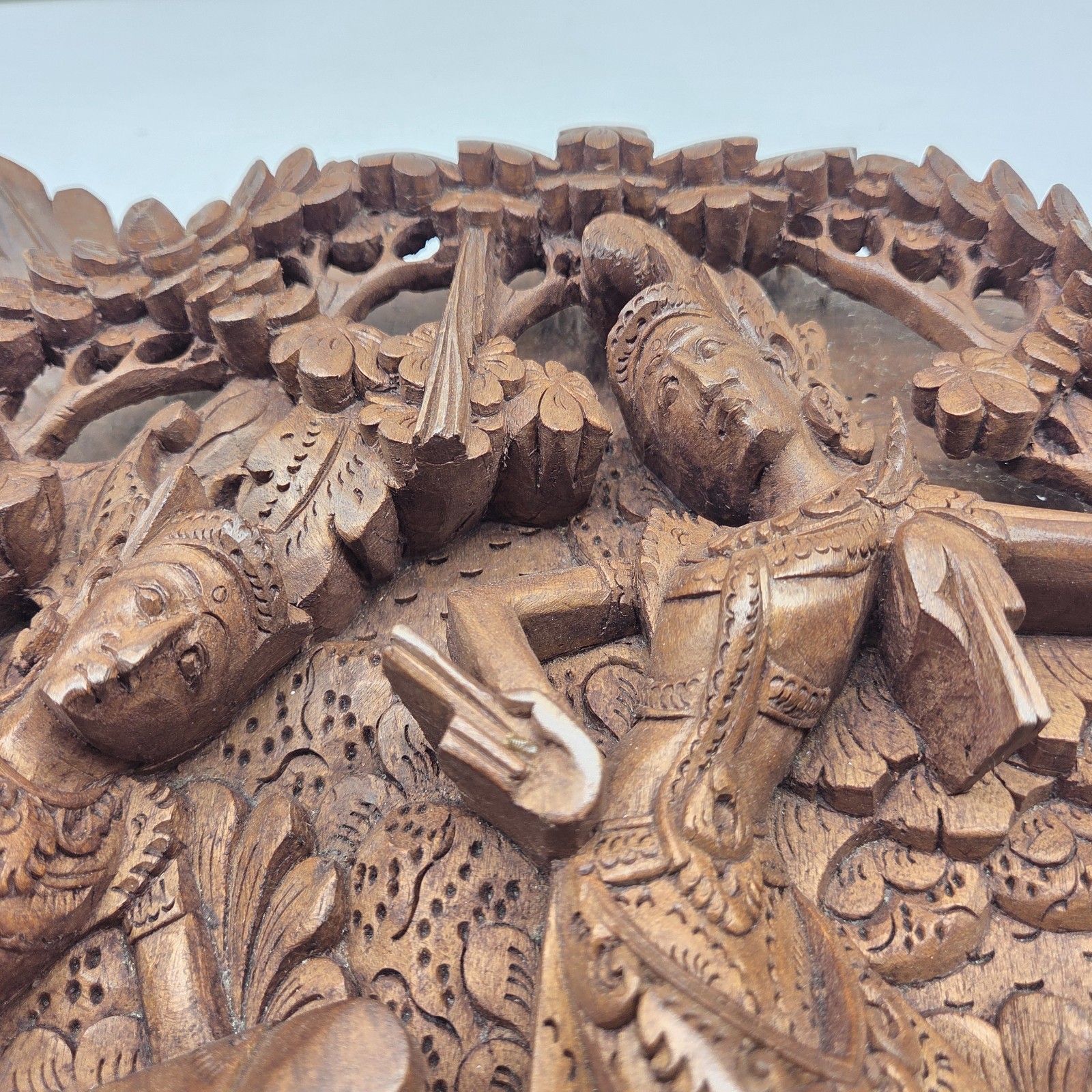 Balinese Bali Hand Carved Wood Relief Wall Art Dancers Floral 12"x11" Vintage