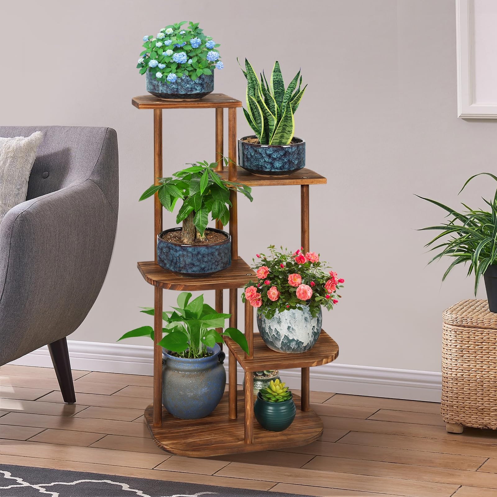 Jotsport 5 Tier Wood Plant Stand for Multiple Plants Indoor Carbonized