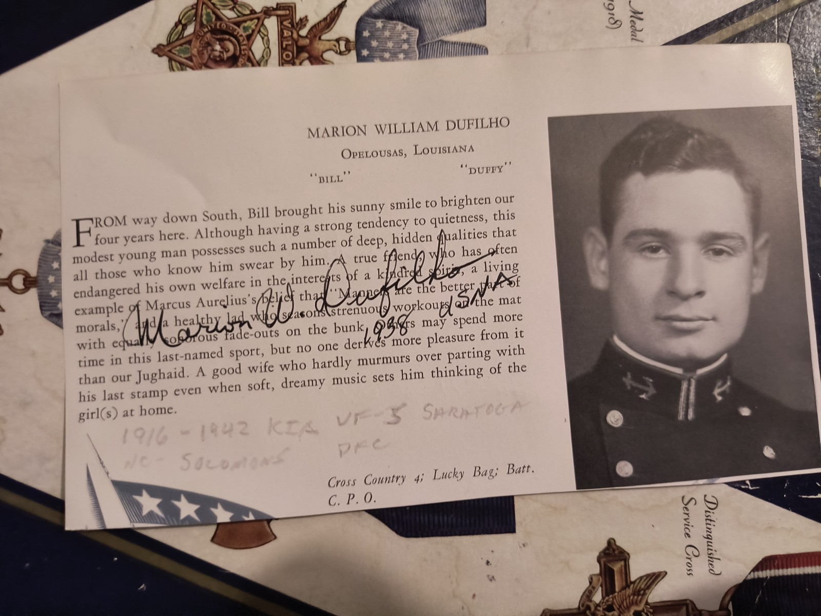 WWII Pilot Lt. MARION W. DUFILHO KIA 1942 VF-5 USS Saratoga Signed 1938 USNA pic