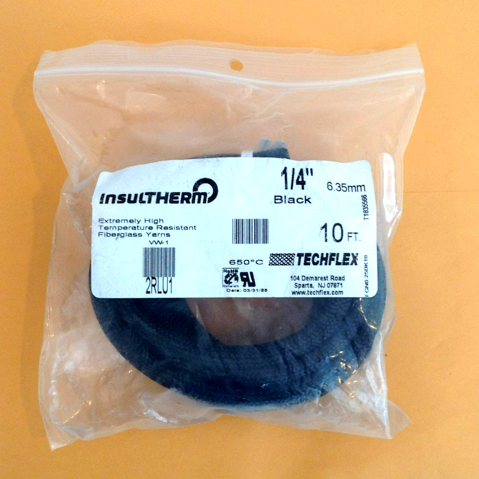 Insultherm TECHFLEX 1/4" Extremely High Temp Sleeving FGN0.25BK10 2RLU1 10 Ft