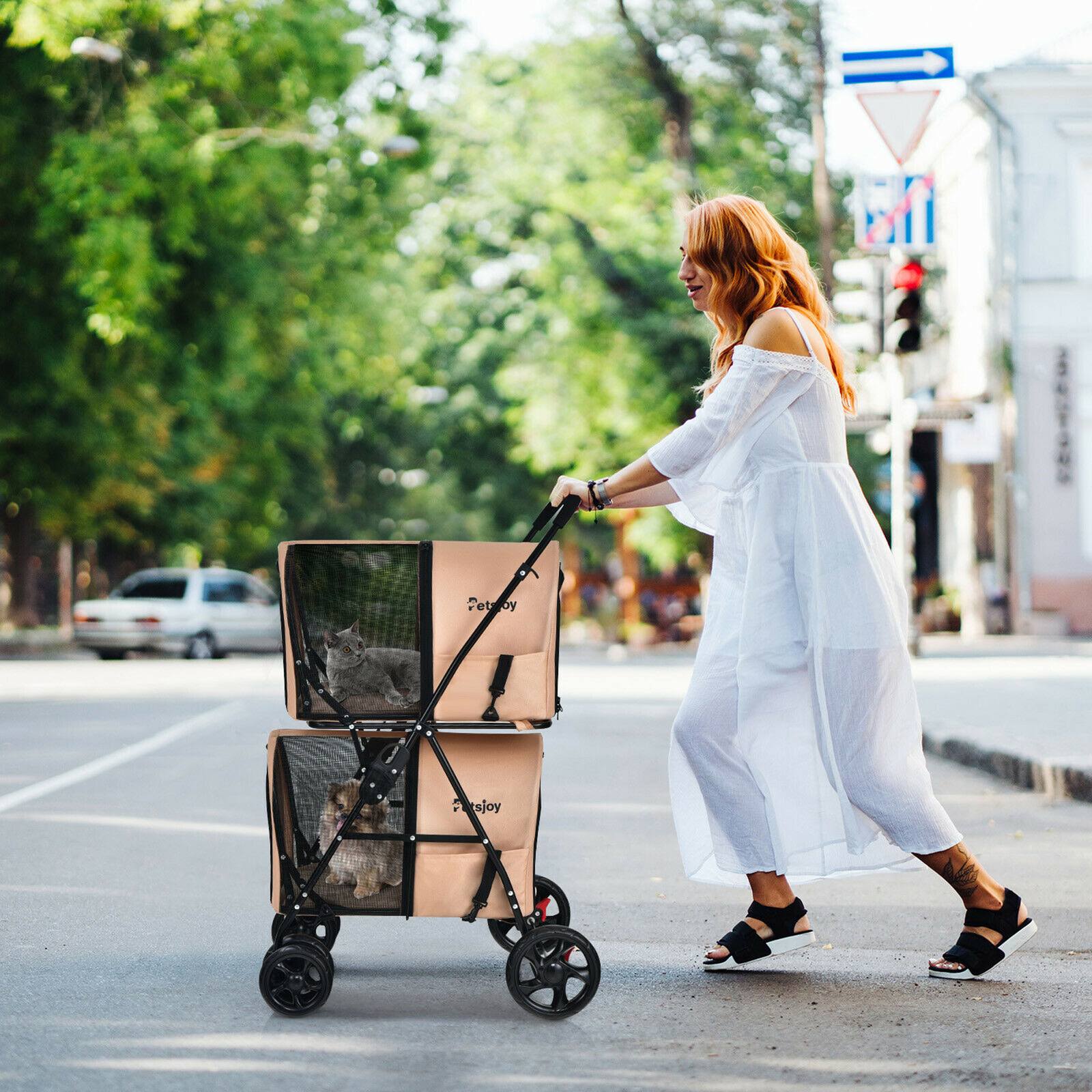 4-in-1 Double Pet Stroller w/ Detachable Carrier Travel Carriage for Cats Beige