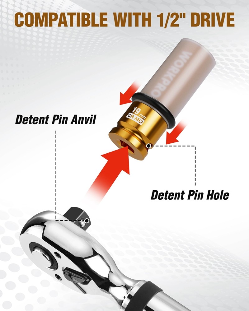 WORKPRO 1/2" Drive Lug Nut Impact Duty Socket 19mm Deep Thin Wall Socket 6 Point