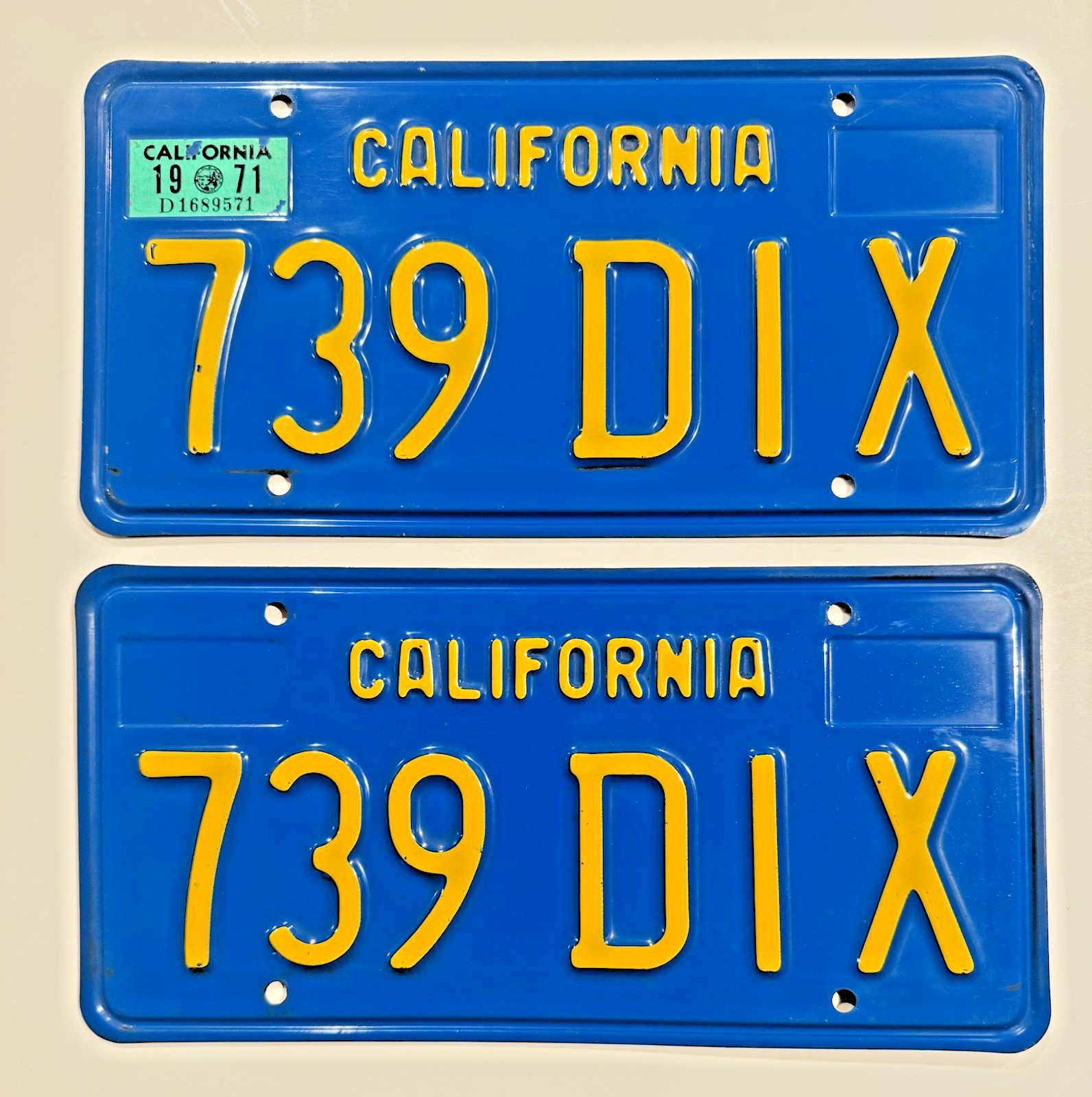 1970's California Blue License Plates DMV Clear YOM 1971 Mustang 1971 Validation