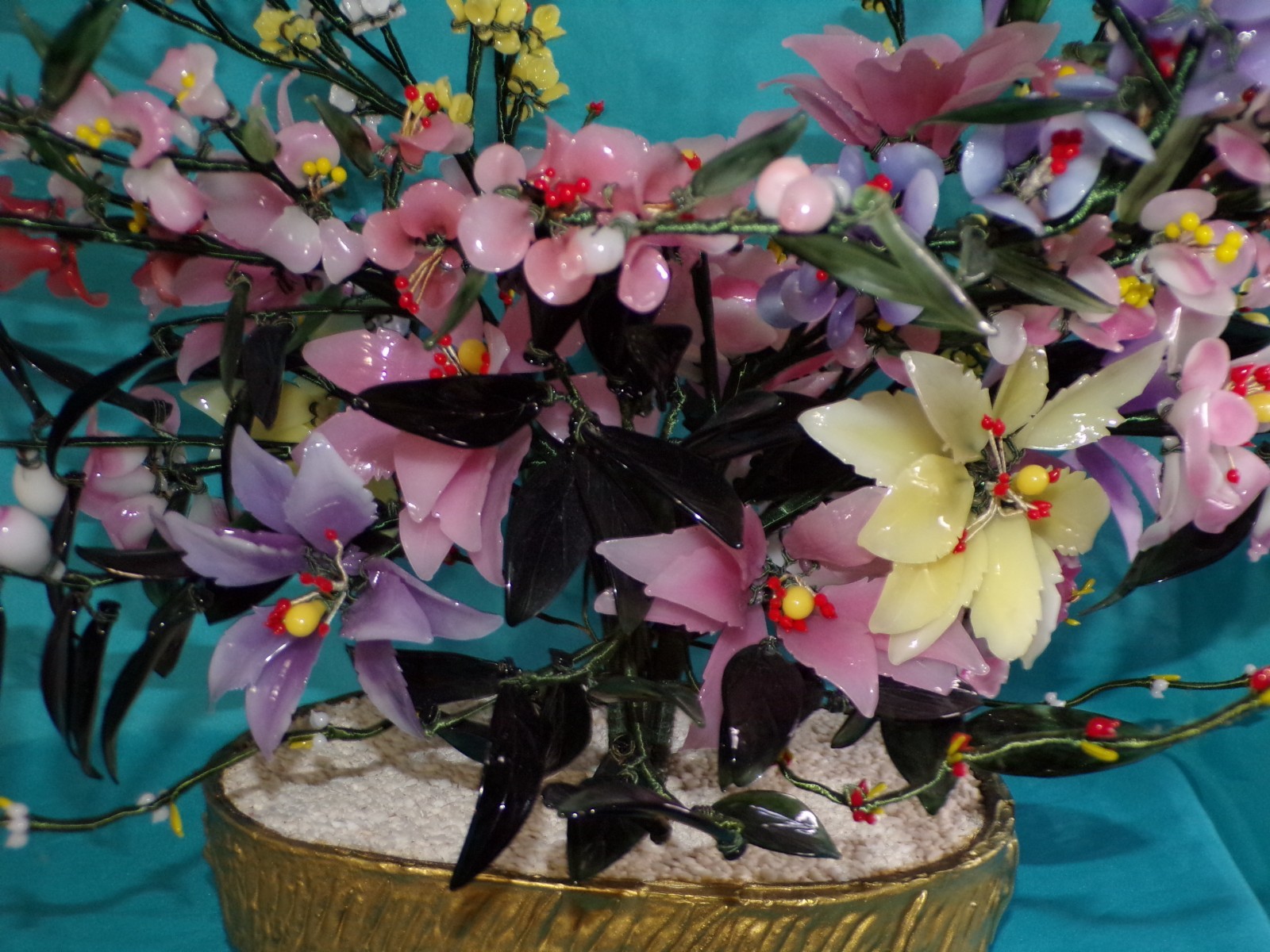 Large Jade Quartz Stone Glass Flower Bonsai Tree Vintage 20H x 30W Centerpiece