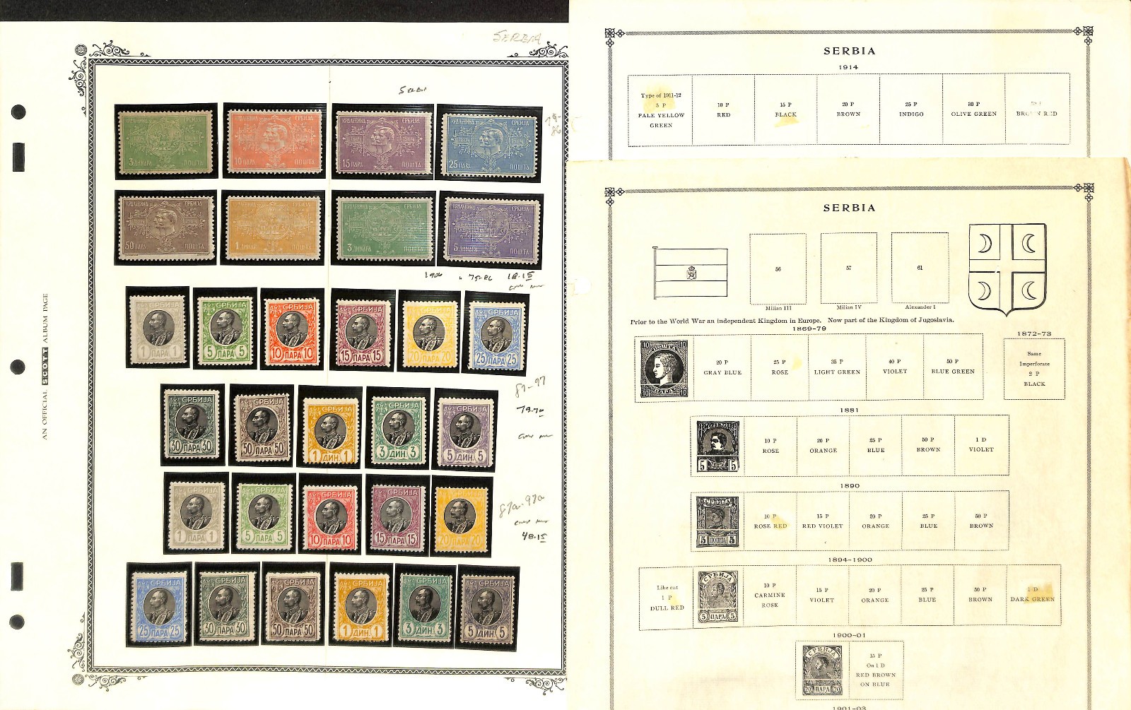Serbia Stamp Collection on 3 Scott International Pages, 1869-1918 (BE)