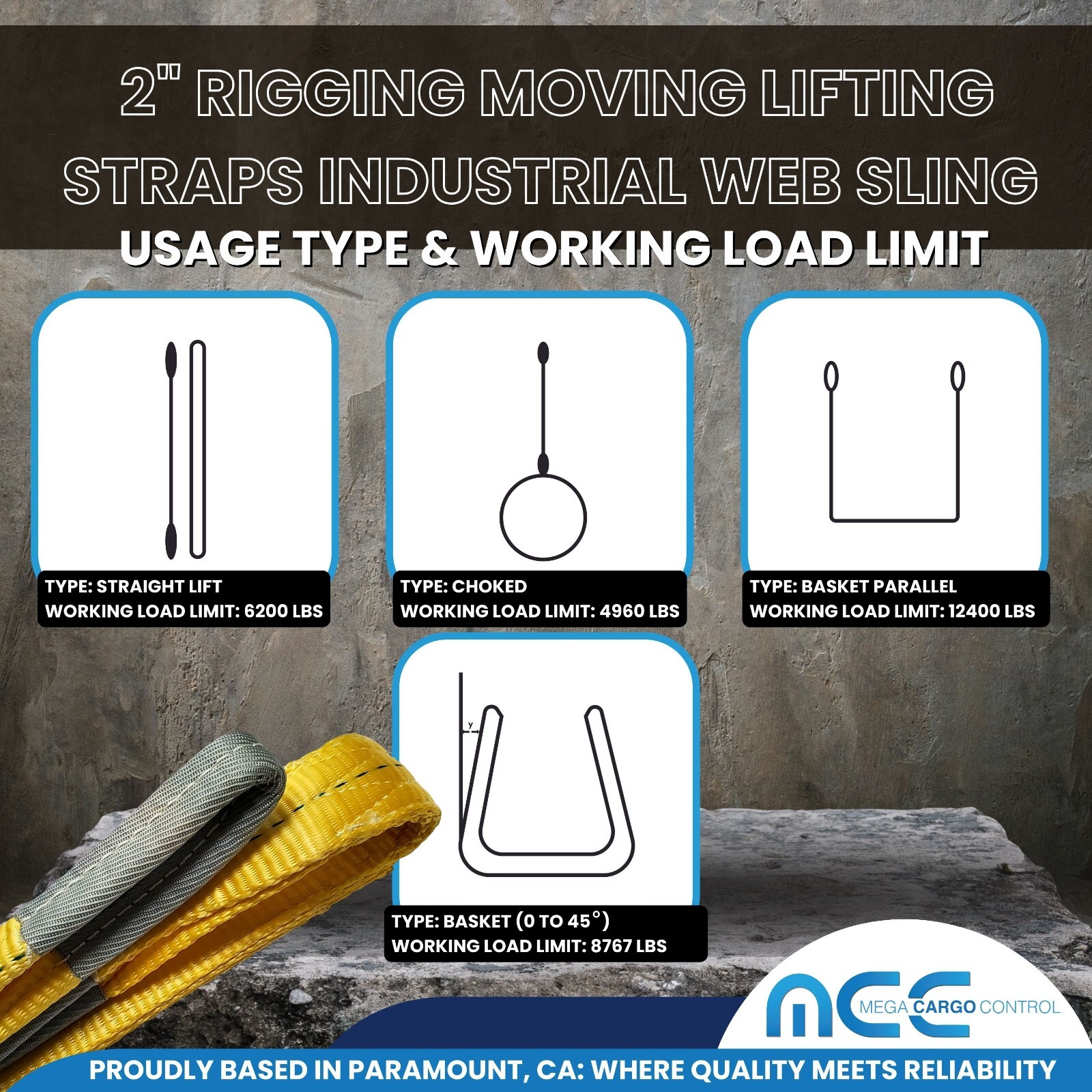 2" x 3 /6 / 9ft 2 Ply Polyester Flat Eye Lifting Sling Strap Web Sling 6200 lbs