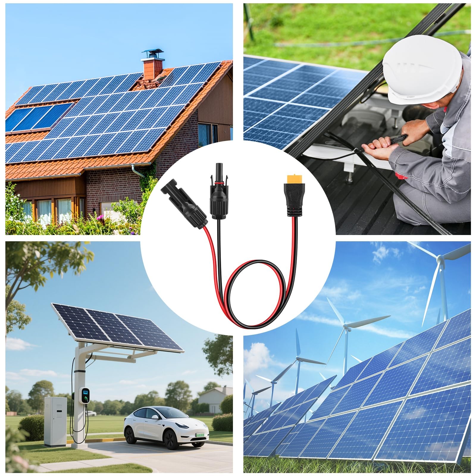 Solar to XT60 Extension Cable,12AWG/4mm² Panel Plug 2 FT, Black&Red