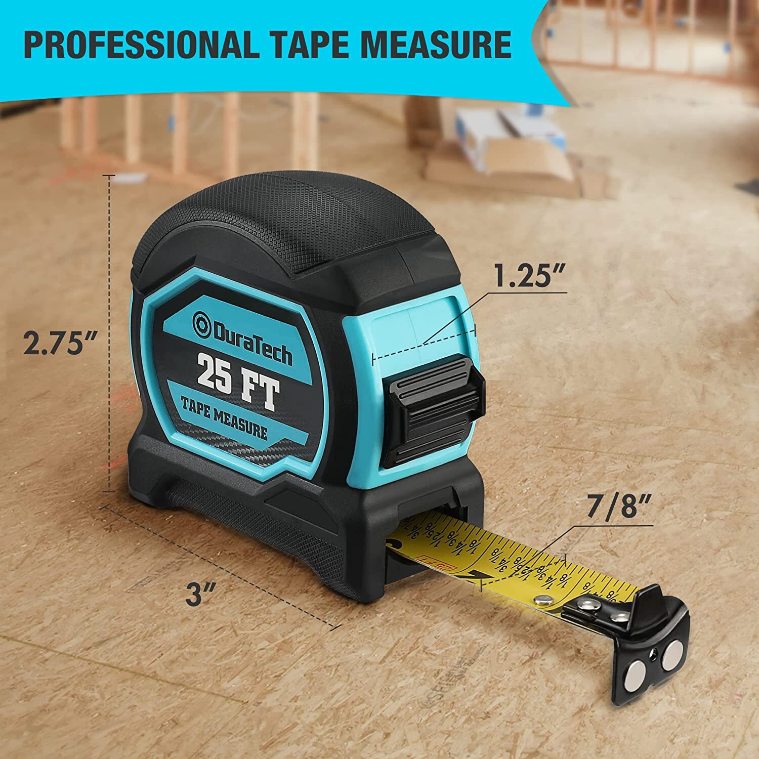 DURATECH 25FT Magnetic Tape Measure, Retractable Measuring Tape w/Fractions